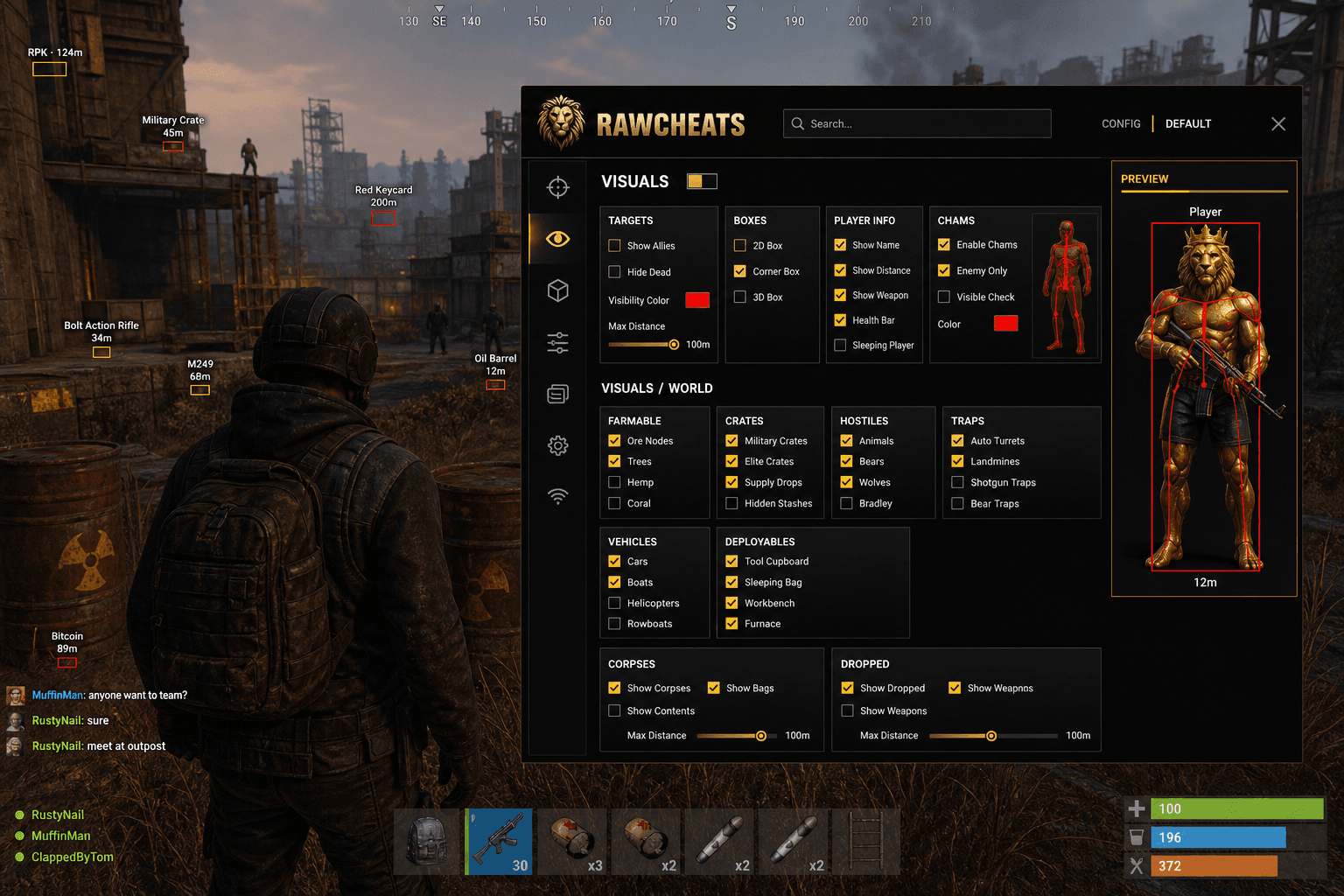 Undetected Rust Loot ESP (2026) — in-game screenshot showing RawCheats overlay