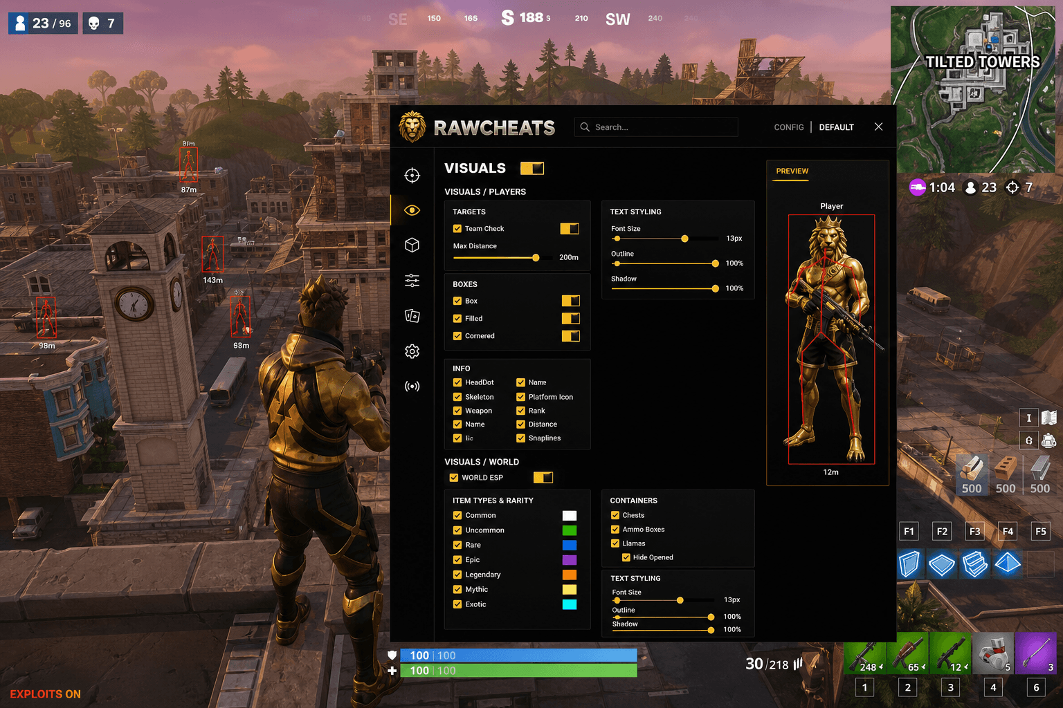 Undetected Fortnite Exploits (2026) — in-game screenshot showing RawCheats overlay