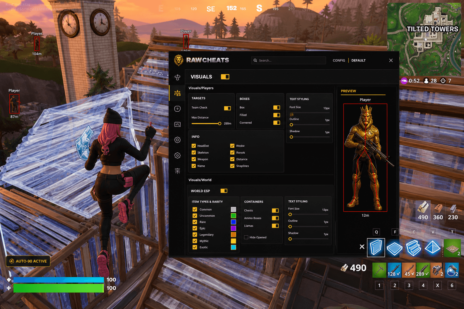 Undetected Fortnite Build Macros (2026) — in-game screenshot showing RawCheats overlay