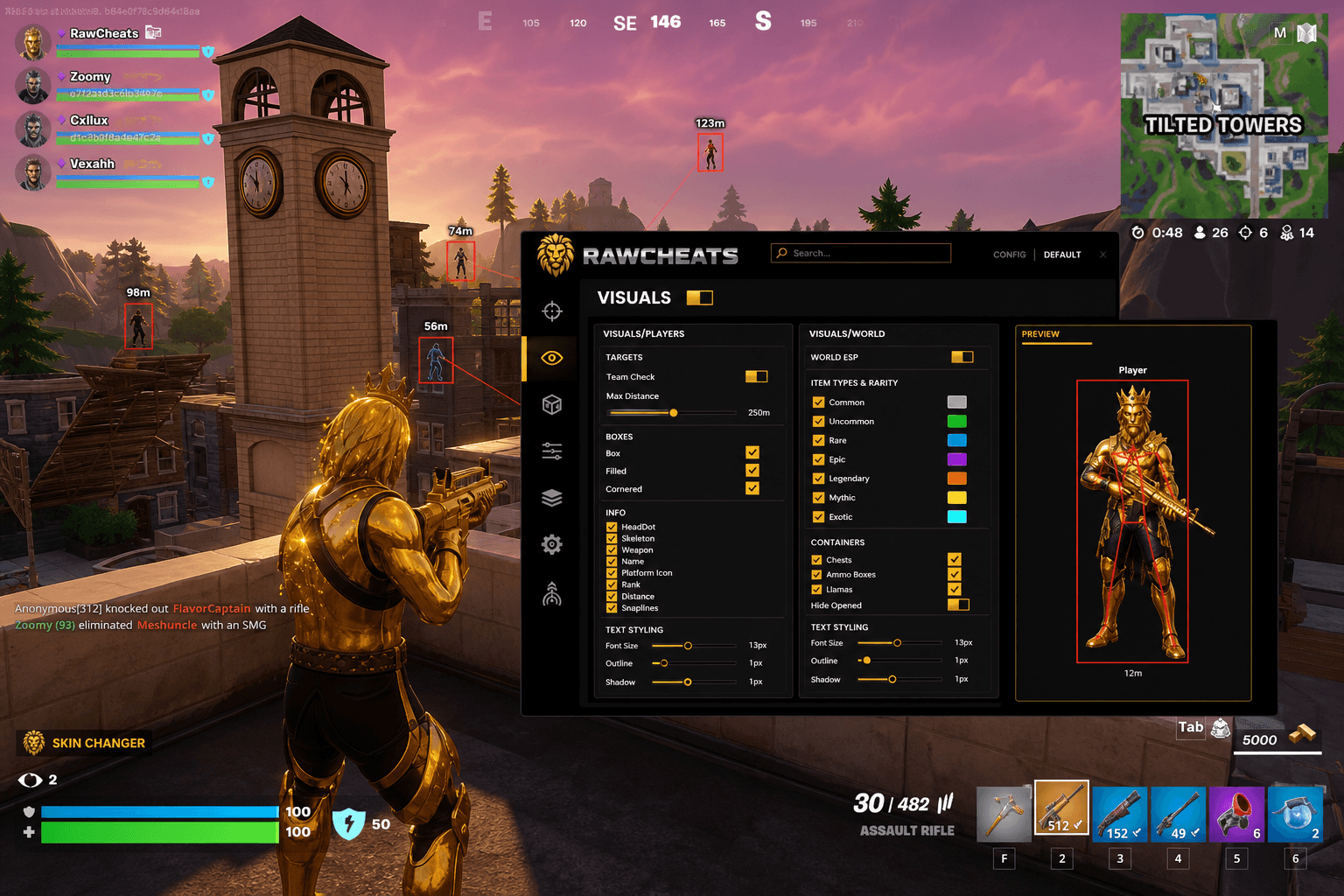 Undetected Fortnite Skin Changer (2026) — in-game screenshot showing RawCheats overlay