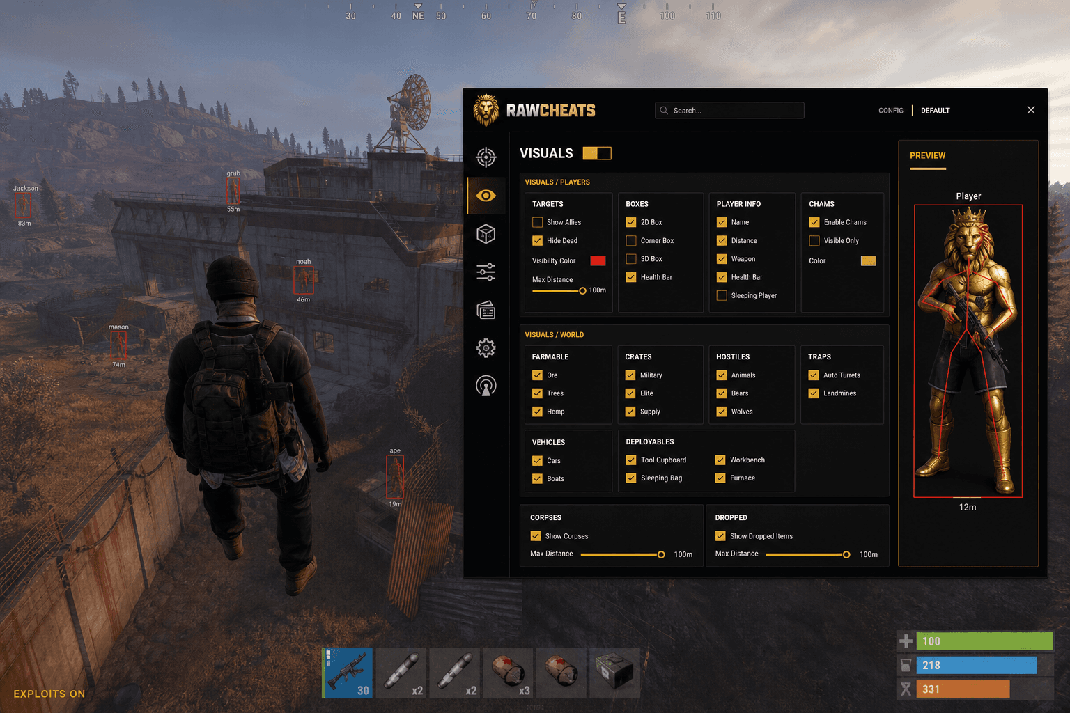 Undetected Rust Exploits (2026) — in-game screenshot showing RawCheats overlay