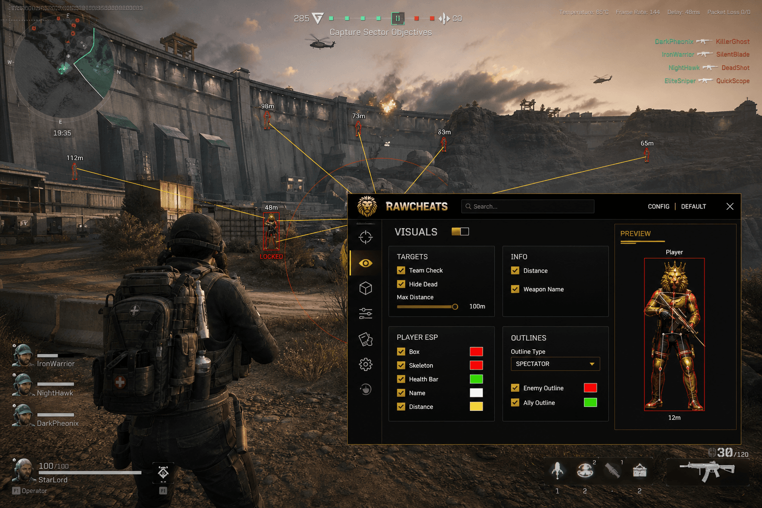 Delta Force Aimbot — Silent Aim & Humanizer (2026) — in-game screenshot showing RawCheats overlay
