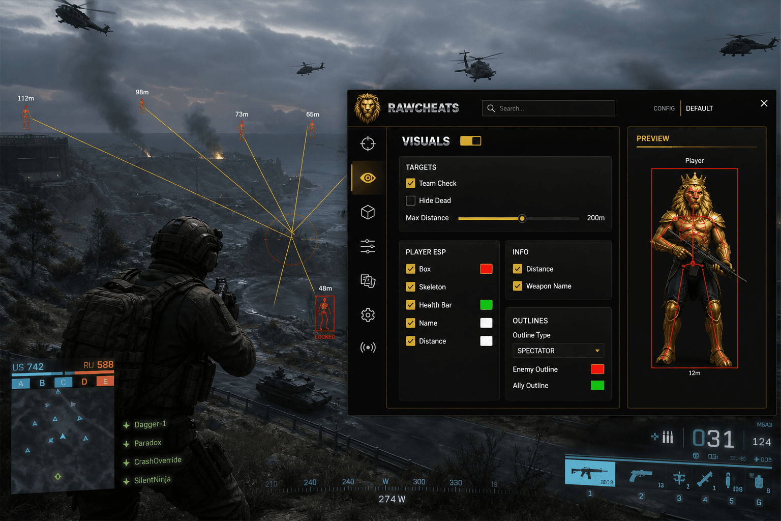 Cheap Battlefield 6 Aimbot (2026) — in-game screenshot showing RawCheats overlay