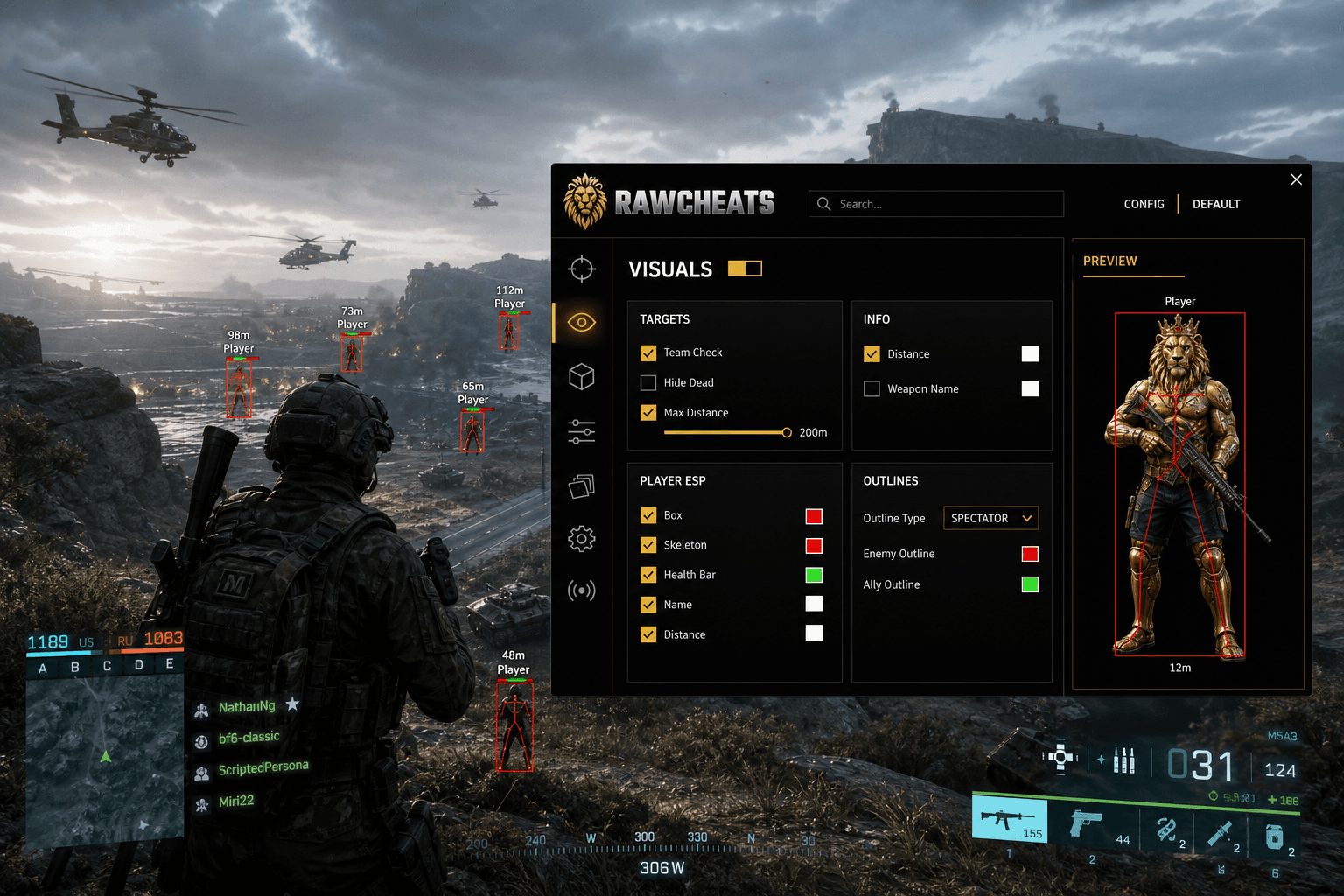 Cheap Battlefield 6 ESP (2026) — in-game screenshot showing RawCheats overlay
