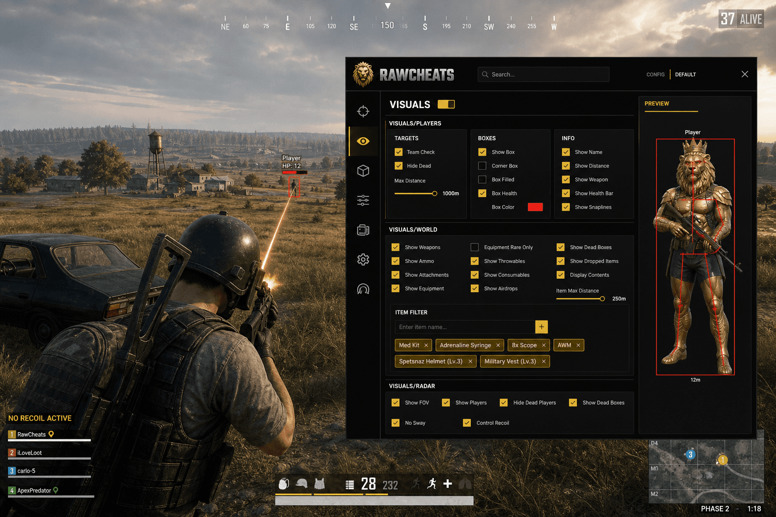 Cheap PUBG: BATTLEGROUNDS No Recoil (2026) — in-game screenshot showing RawCheats overlay
