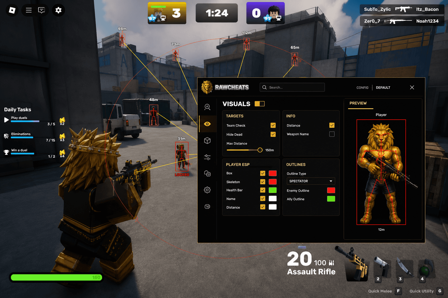 Cheap Roblox Aimbot (2026) — in-game screenshot showing RawCheats overlay