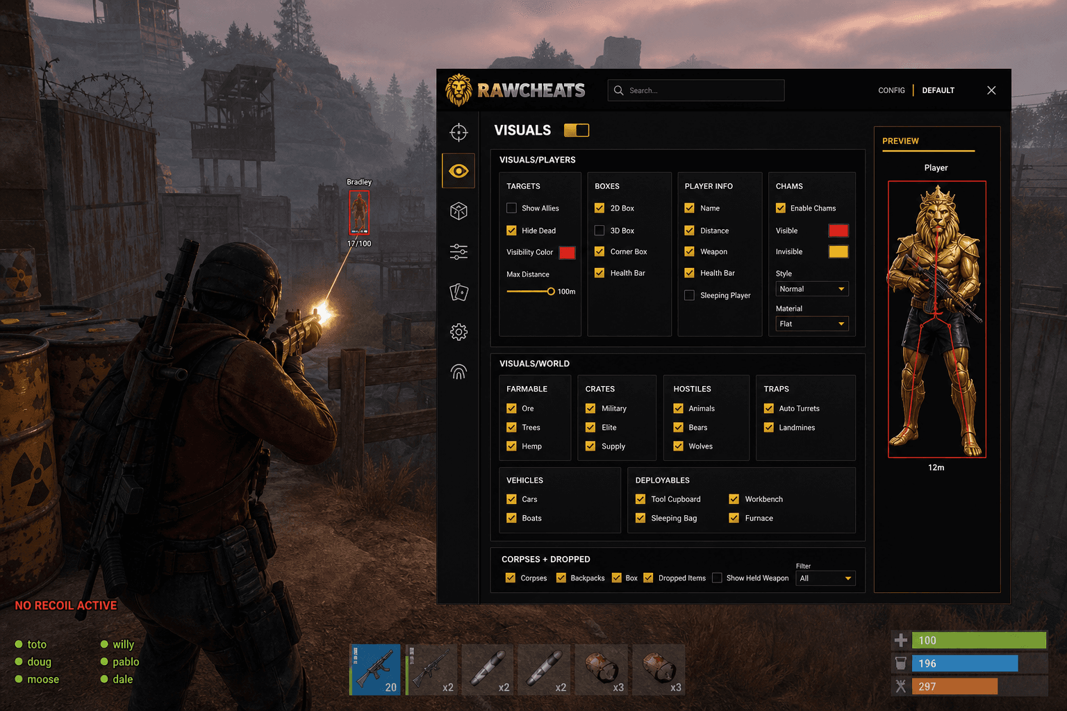 Cheap Rust No Recoil (2026) — in-game screenshot showing RawCheats overlay