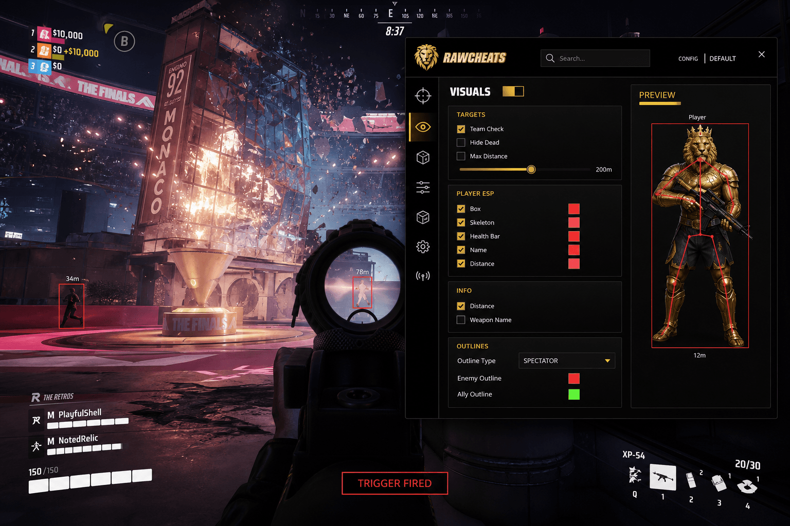 Cheap The Finals Triggerbot (2026) — in-game screenshot showing RawCheats overlay