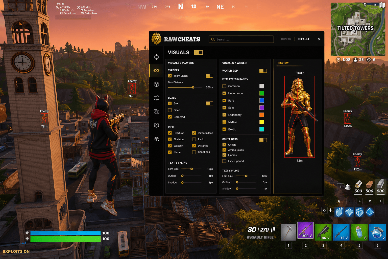 Cheap Fortnite Exploits (2026) — in-game screenshot showing RawCheats overlay