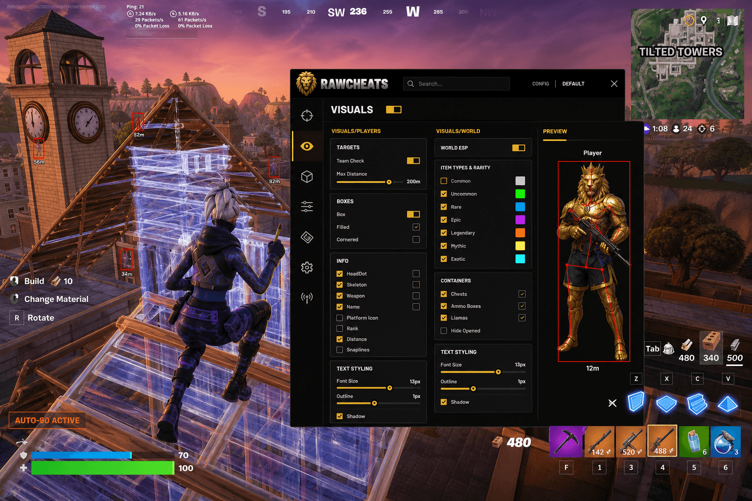 Cheap Fortnite Build Macros (2026) — in-game screenshot showing RawCheats overlay