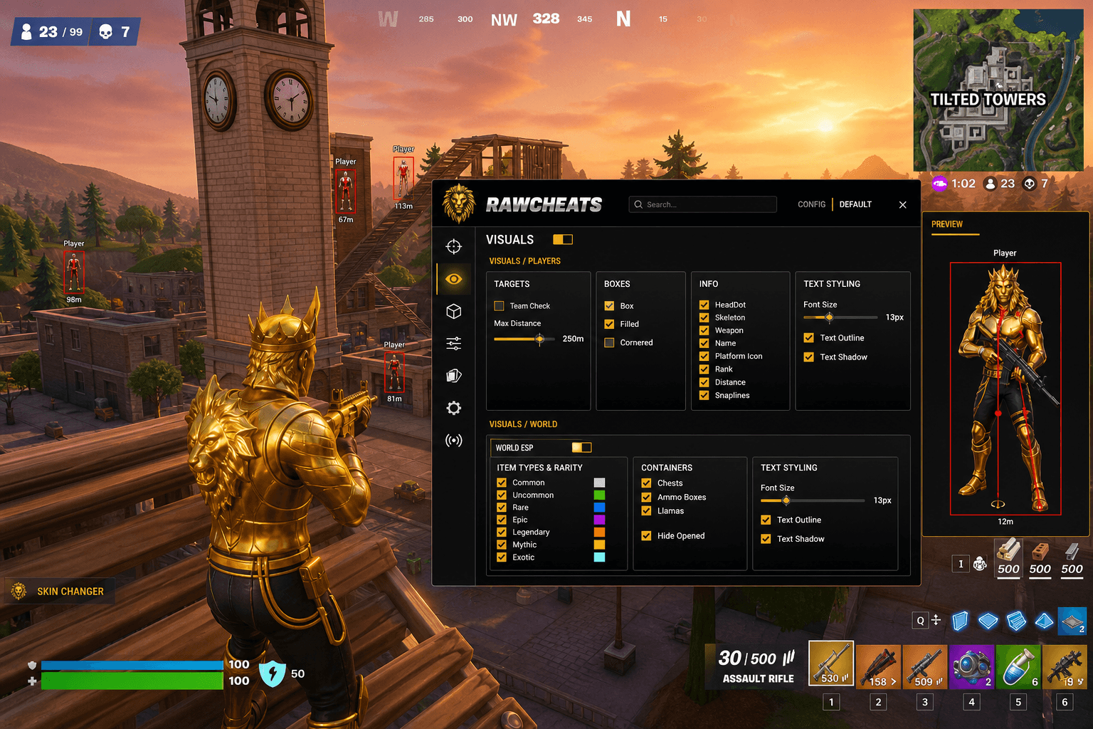 Cheap Fortnite Skin Changer (2026) — in-game screenshot showing RawCheats overlay