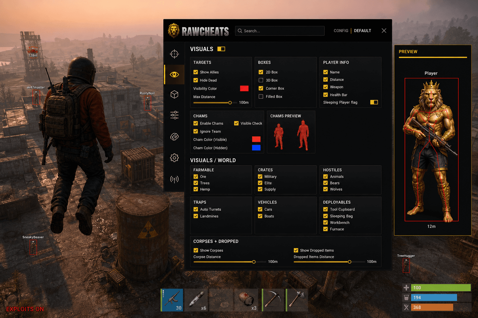 Cheap Rust Exploits (2026) — in-game screenshot showing RawCheats overlay