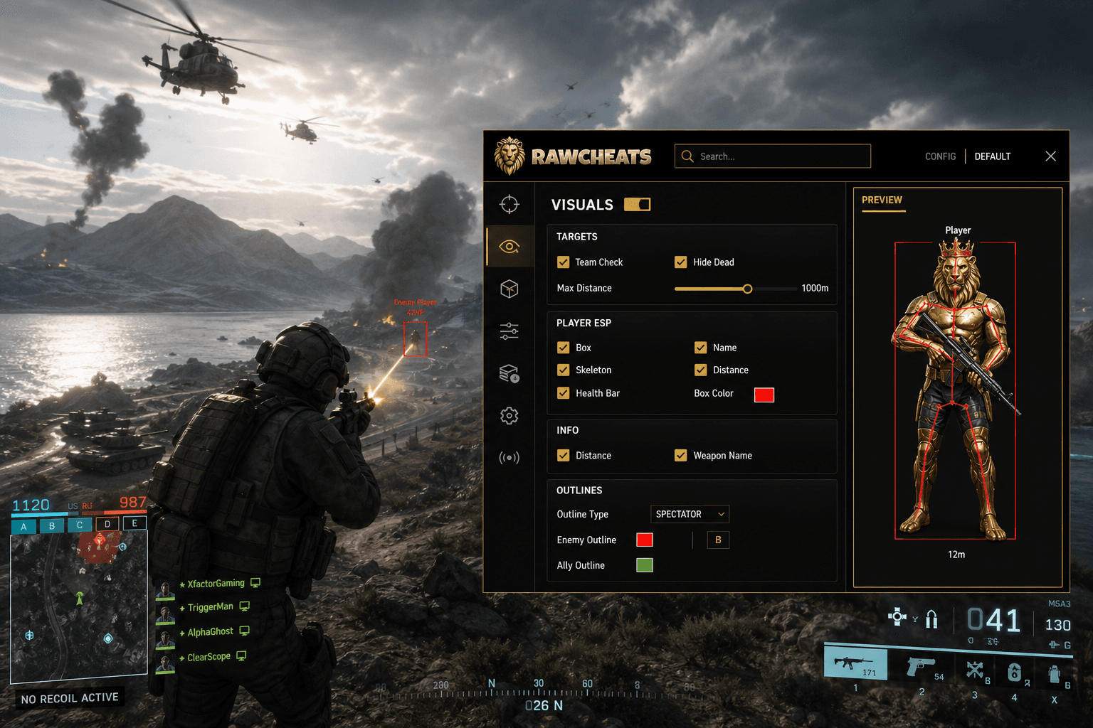Undetected Battlefield 6 No Recoil (2026) — in-game screenshot showing RawCheats overlay