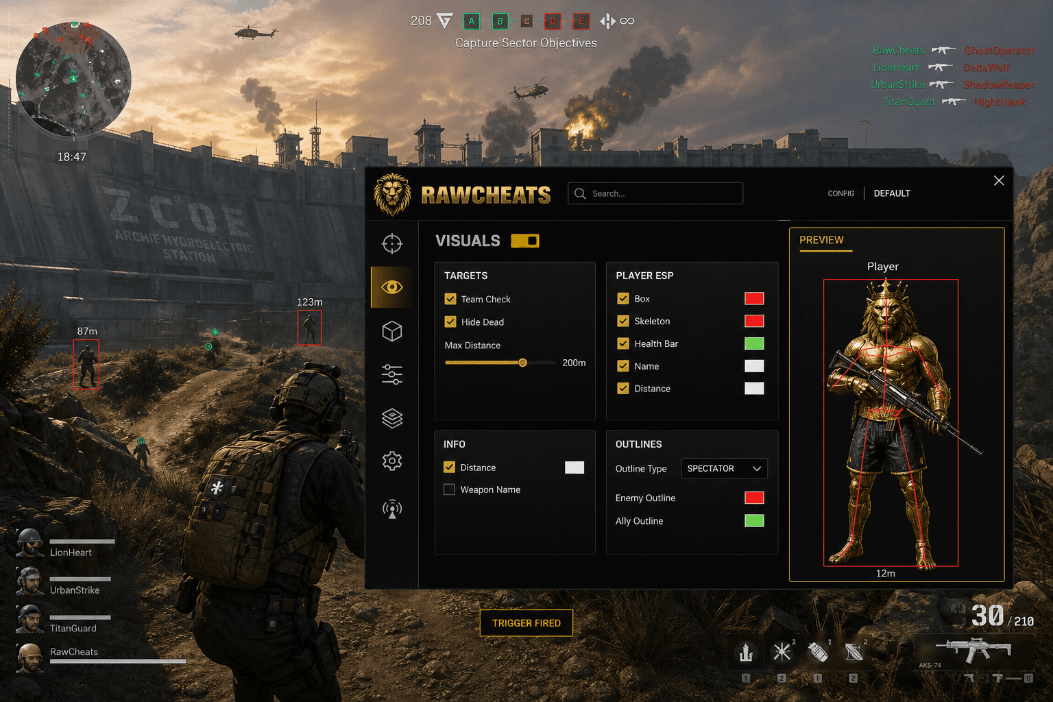 Delta Force Triggerbot — Auto-Fire Reaction (2026) — in-game screenshot showing RawCheats overlay