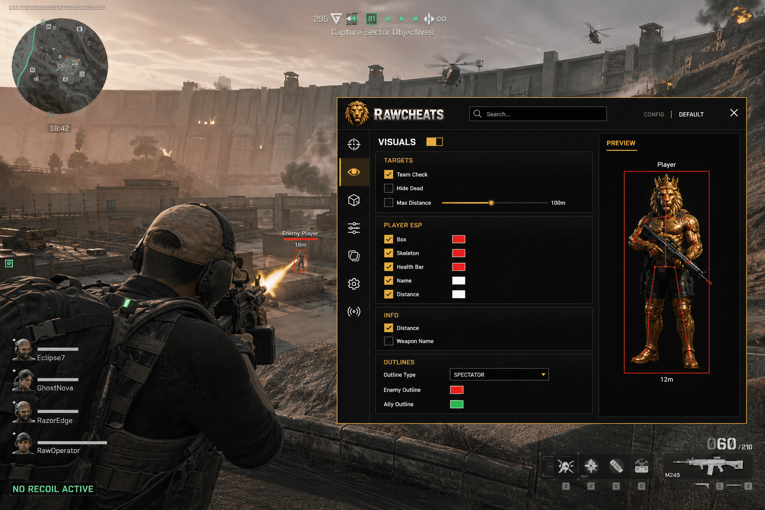 Undetected Delta Force No Recoil (2026) — in-game screenshot showing RawCheats overlay