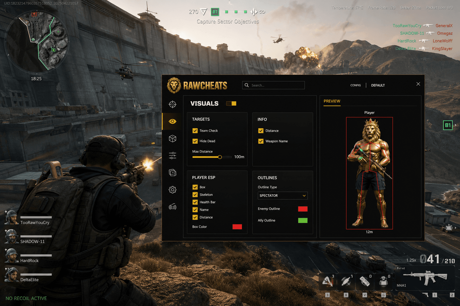 Cheap Delta Force No Recoil (2026) — in-game screenshot showing RawCheats overlay