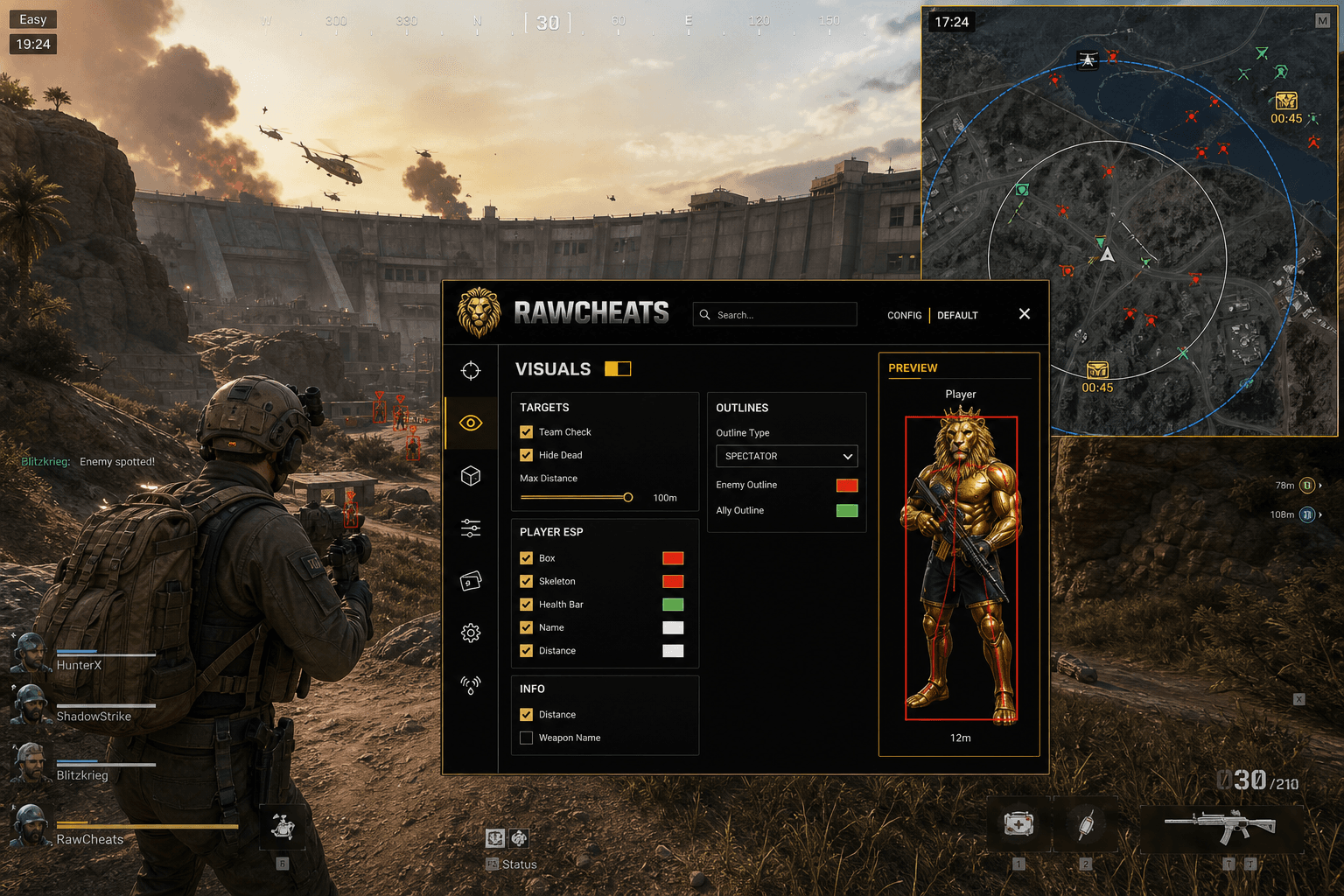 Cheap Delta Force Radar (2026) — in-game screenshot showing RawCheats overlay