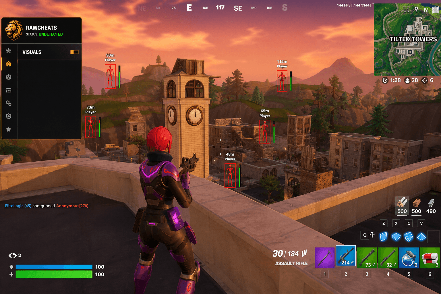 Fortnite Cheats — Download 2026 — in-game screenshot showing RawCheats overlay