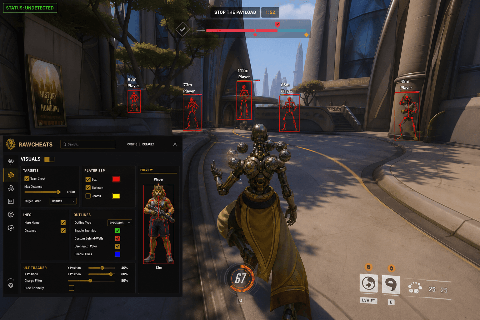 Overwatch 2 Cheats — Download 2026 — in-game screenshot showing RawCheats overlay