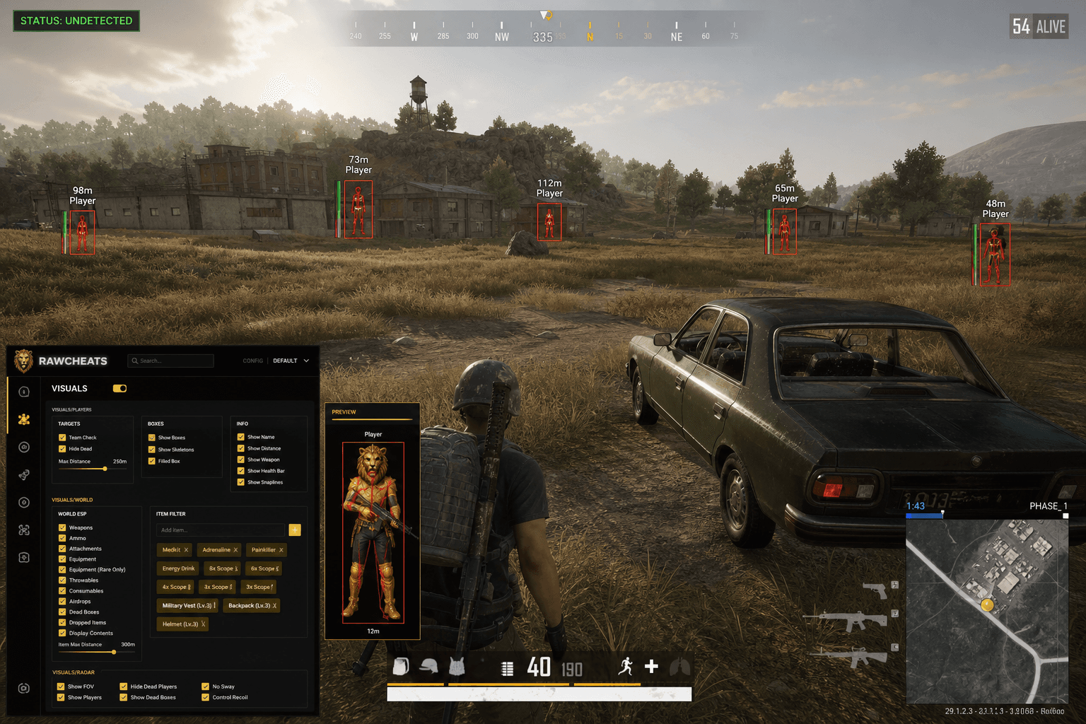 PUBG: BATTLEGROUNDS Cheats — Download 2026 — in-game screenshot showing RawCheats overlay