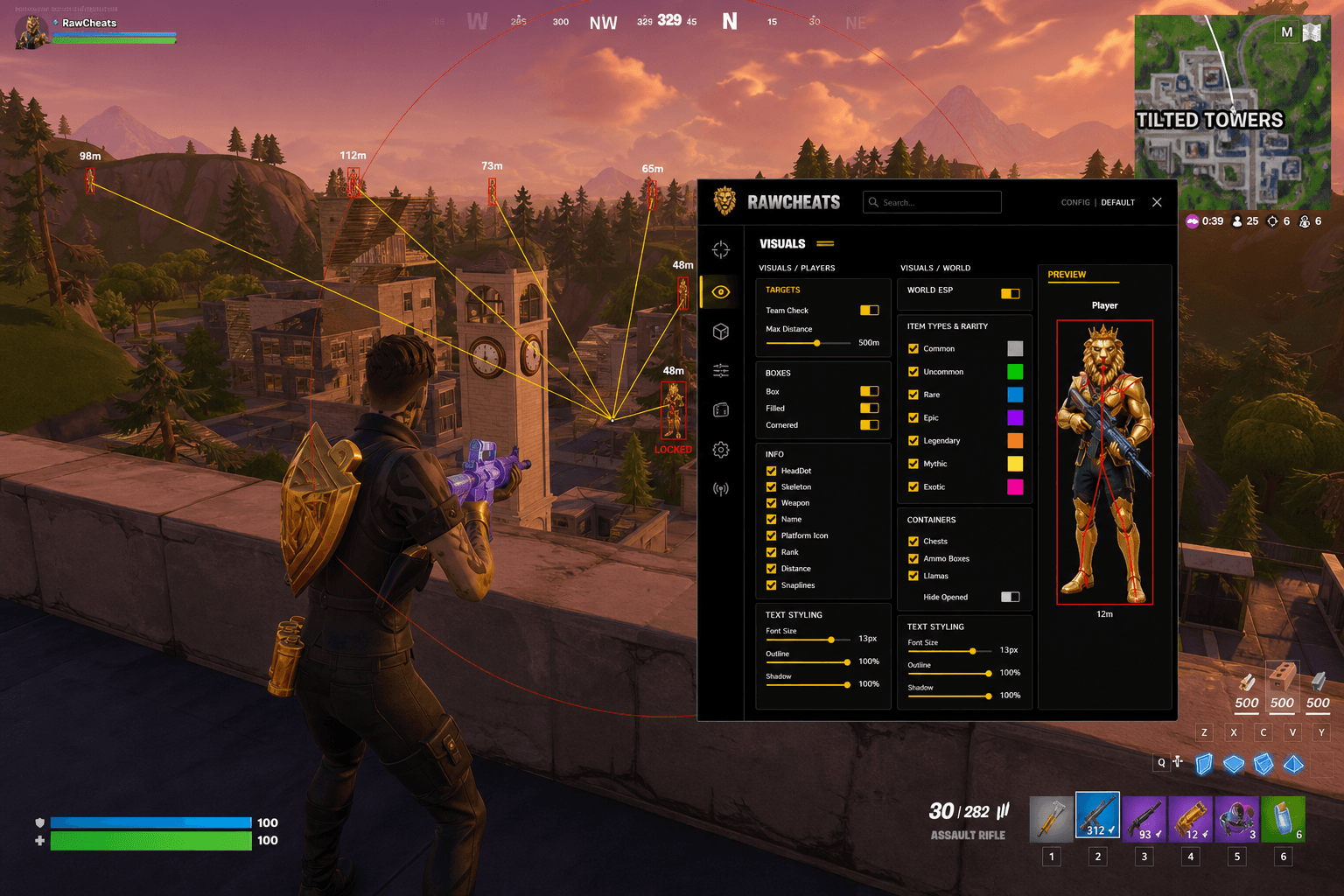 Best Fortnite Aimbot in 2026 — What Actually Works — in-game screenshot showing RawCheats overlay