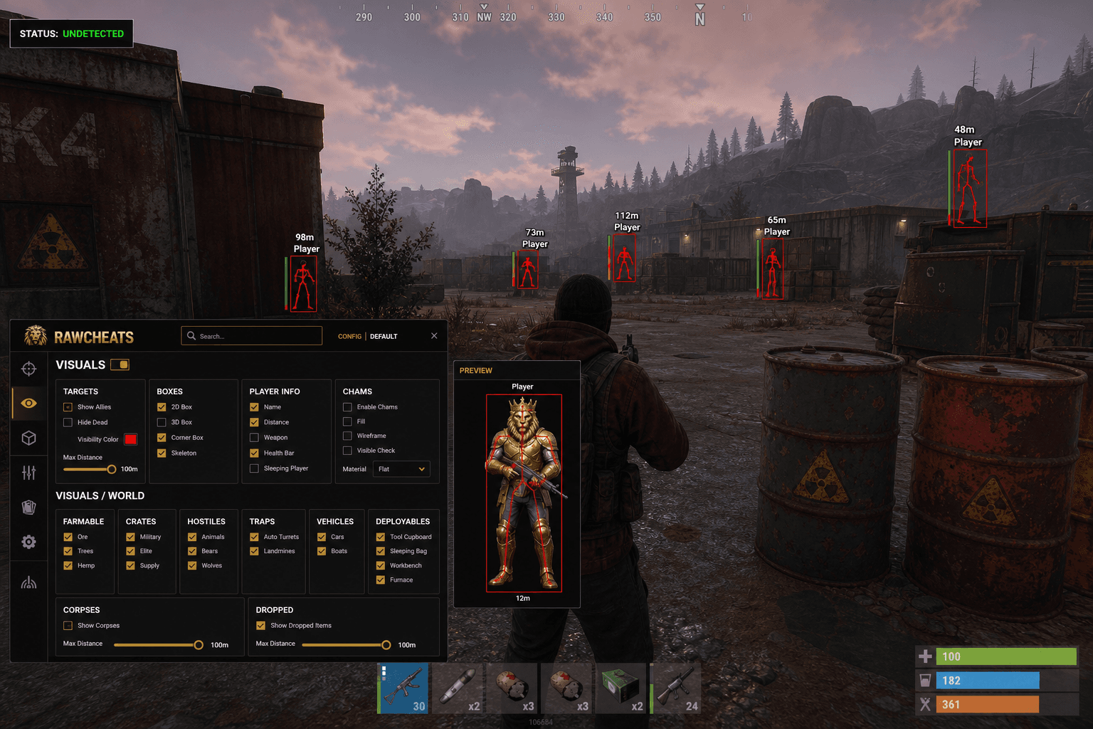 Rust Cheats — Download 2026 — in-game screenshot showing RawCheats overlay
