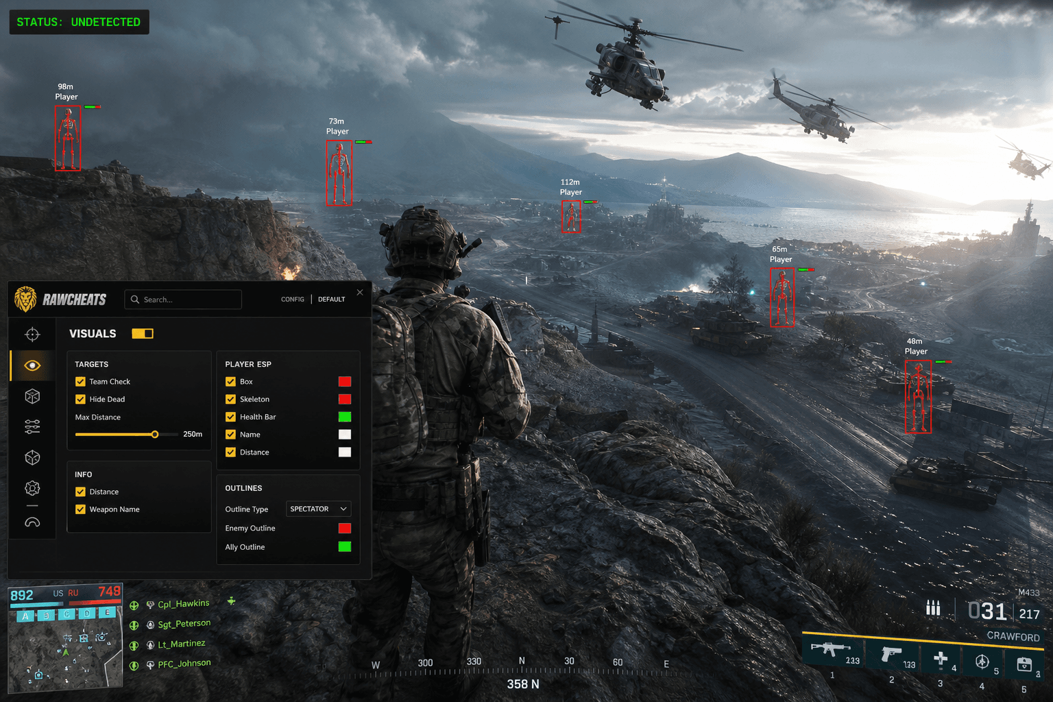 Battlefield 6 Cheats — Download 2026 — in-game screenshot showing RawCheats overlay