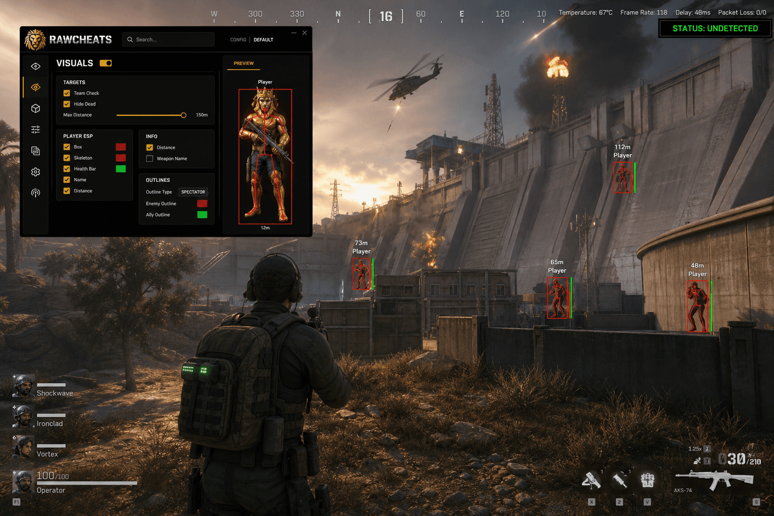 Delta Force Cheats — Download 2026 — in-game screenshot showing RawCheats overlay