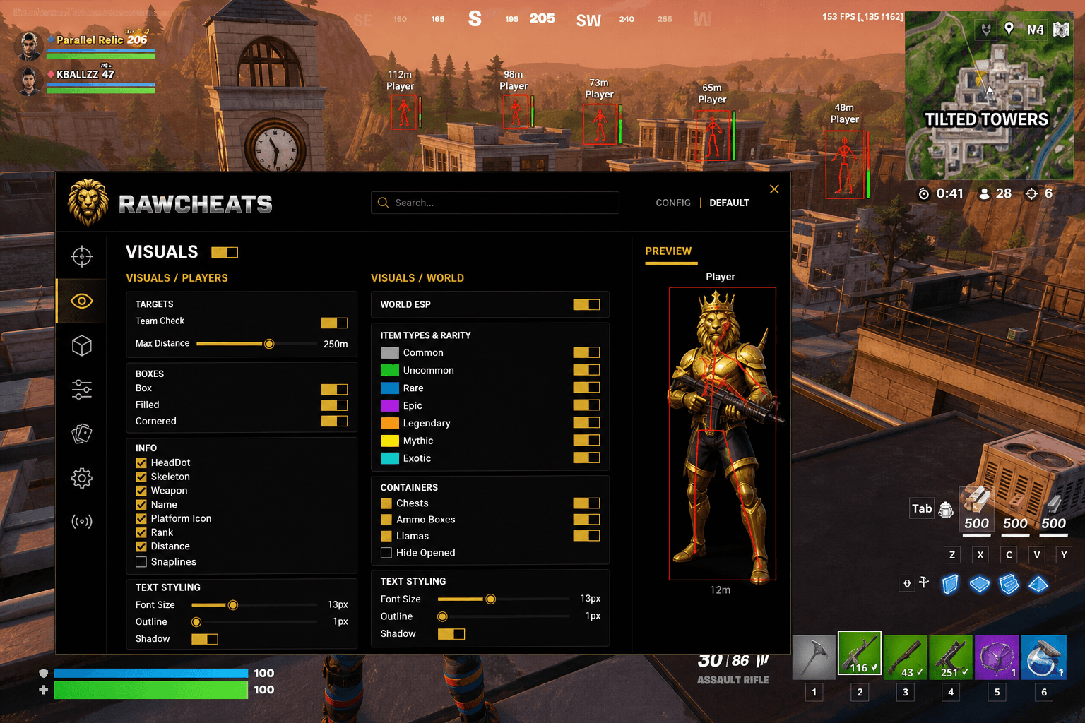 How to Set Up Fortnite Cheats in 2026 — in-game screenshot showing RawCheats overlay