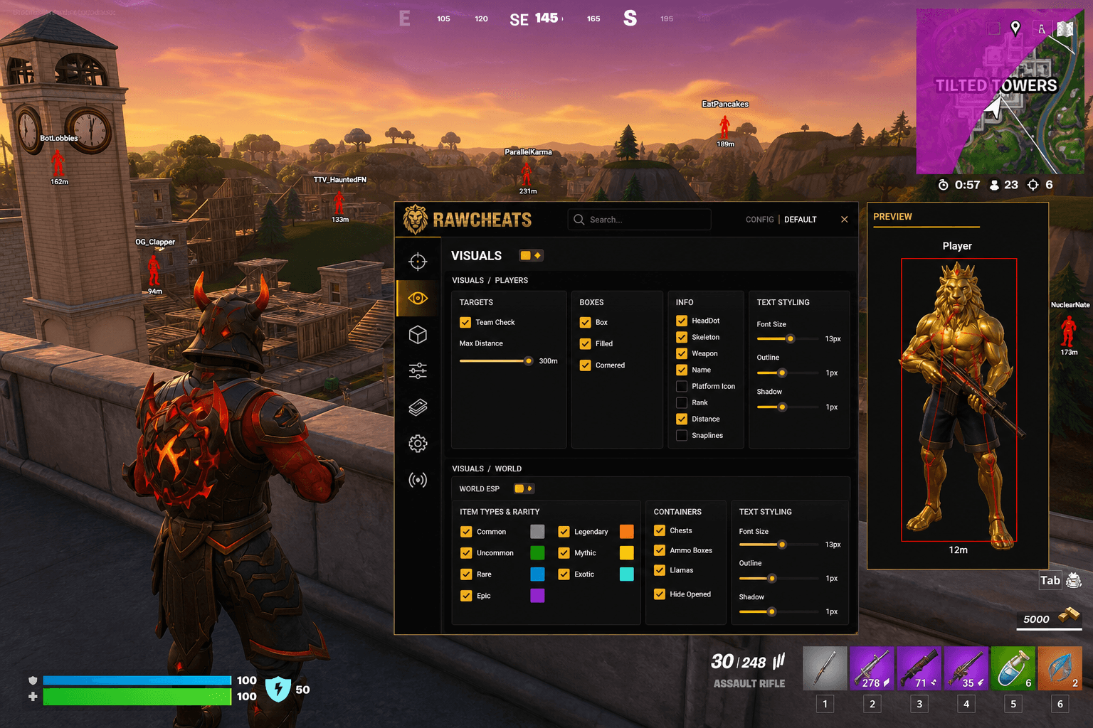 Best Fortnite Wallhack in 2026 — What Actually Works — in-game screenshot showing RawCheats overlay