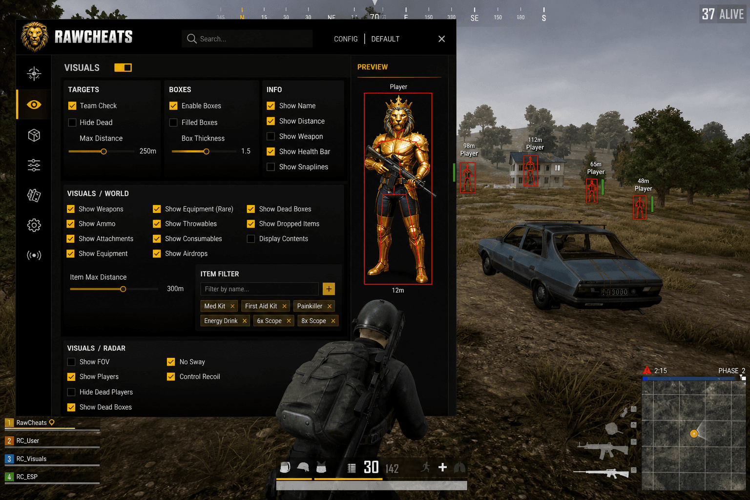 How to Set Up PUBG: BATTLEGROUNDS Cheats in 2026 — in-game screenshot showing RawCheats overlay