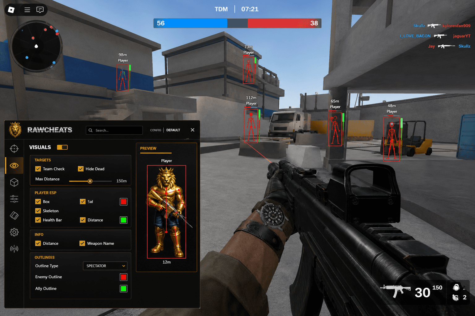 Roblox Cheats — Download 2026 — in-game screenshot showing RawCheats overlay