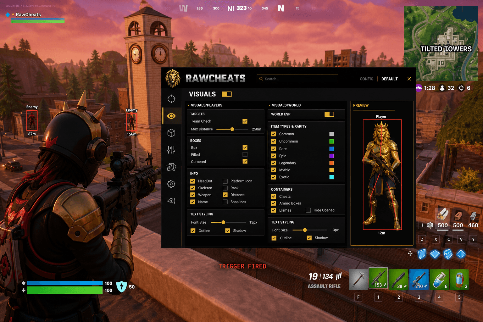 Best Fortnite Triggerbot in 2026 — What Actually Works — in-game screenshot showing RawCheats overlay