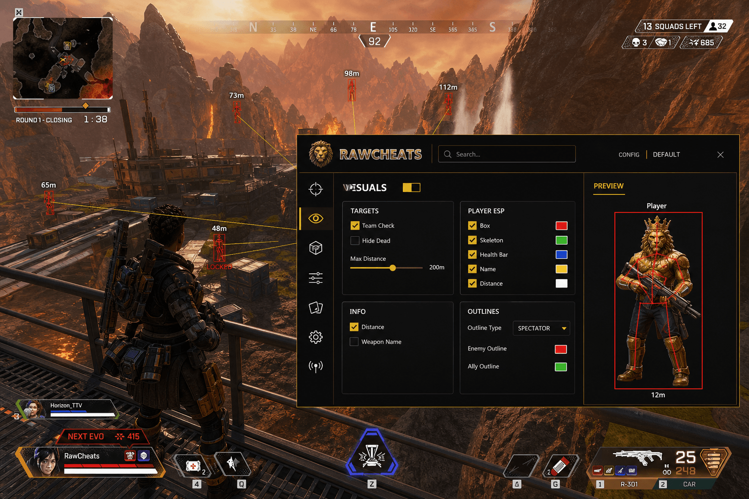Undetected Apex Legends Aimbot (2026) — in-game screenshot showing RawCheats overlay