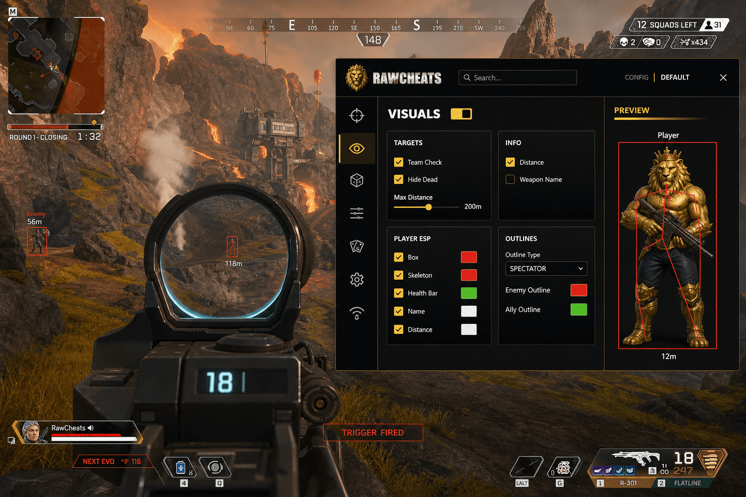 Undetected Apex Legends Triggerbot (2026) — in-game screenshot showing RawCheats overlay