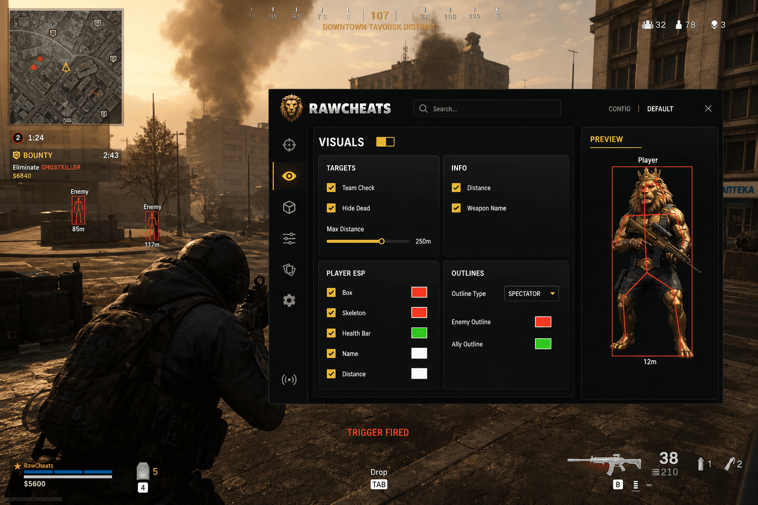 Undetected Call of Duty: Warzone Triggerbot (2026) — in-game screenshot showing RawCheats overlay