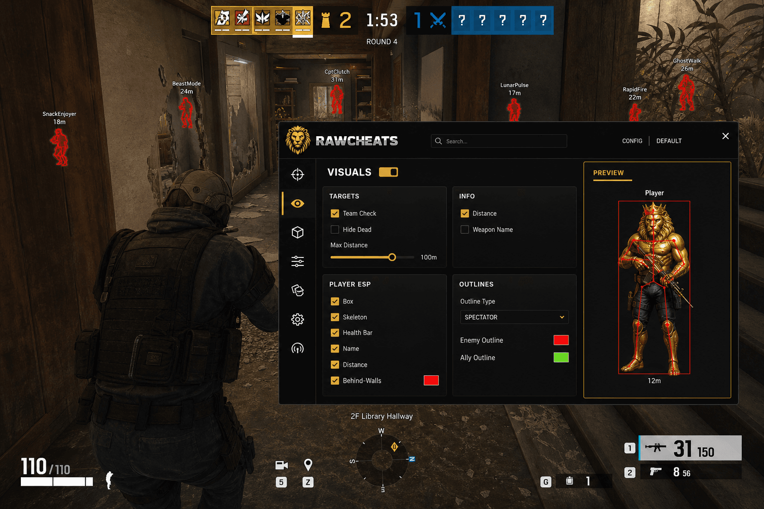Undetected Rainbow Six Siege X Wallhack (2026) — in-game screenshot showing RawCheats overlay