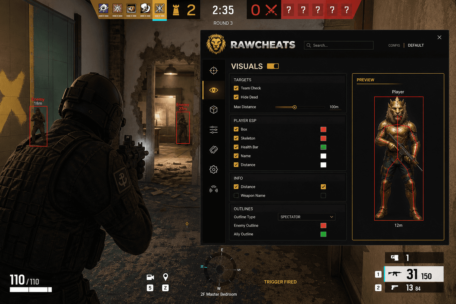 Undetected Rainbow Six Siege X Triggerbot (2026) — in-game screenshot showing RawCheats overlay
