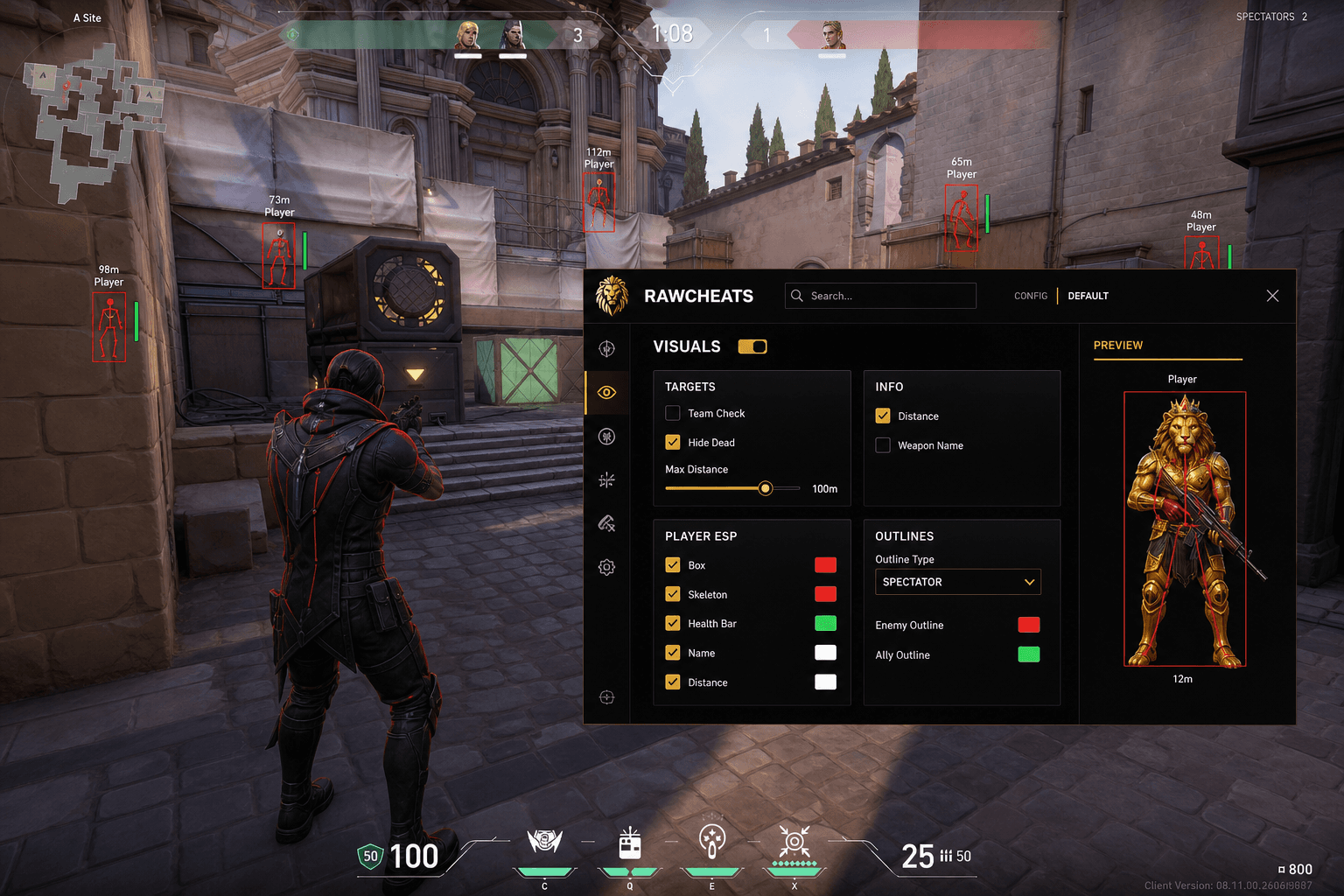 Undetected Valorant ESP (2026) — in-game screenshot showing RawCheats overlay