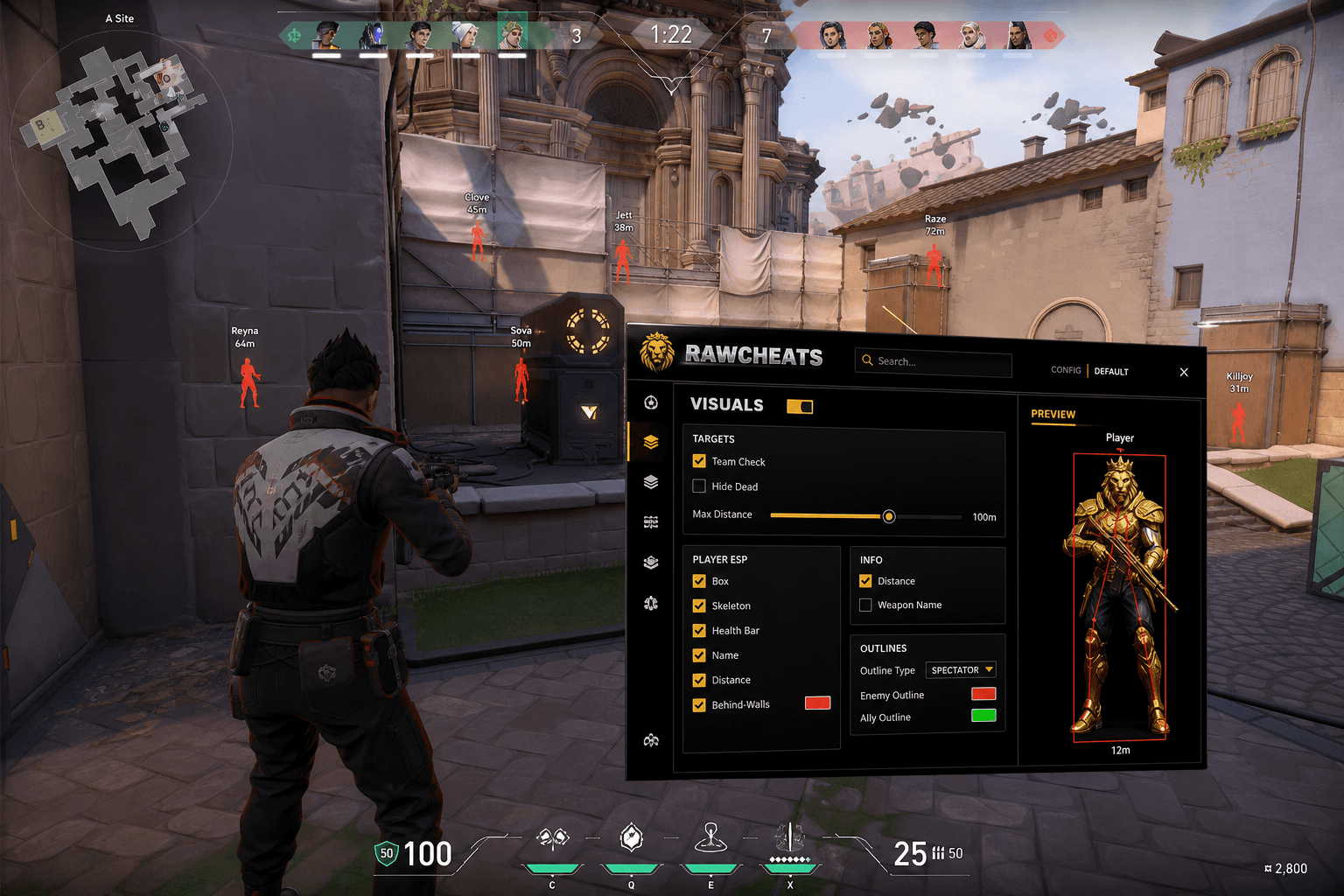 Undetected Valorant Wallhack (2026) — in-game screenshot showing RawCheats overlay