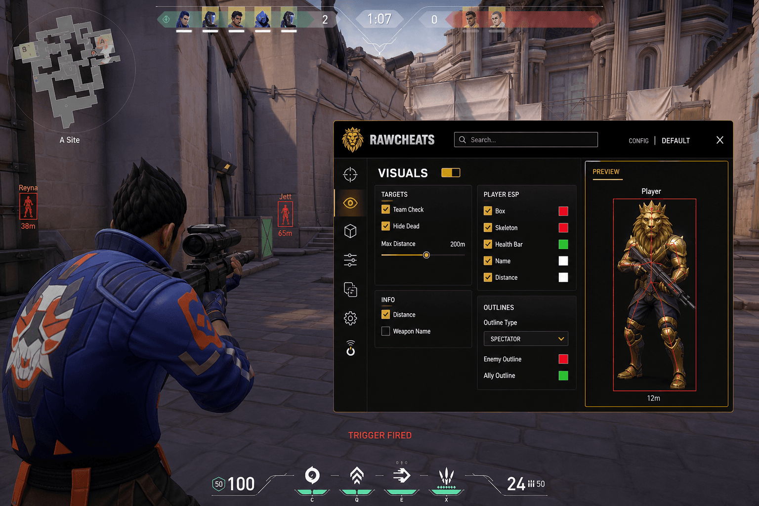 Undetected Valorant Triggerbot (2026) — in-game screenshot showing RawCheats overlay