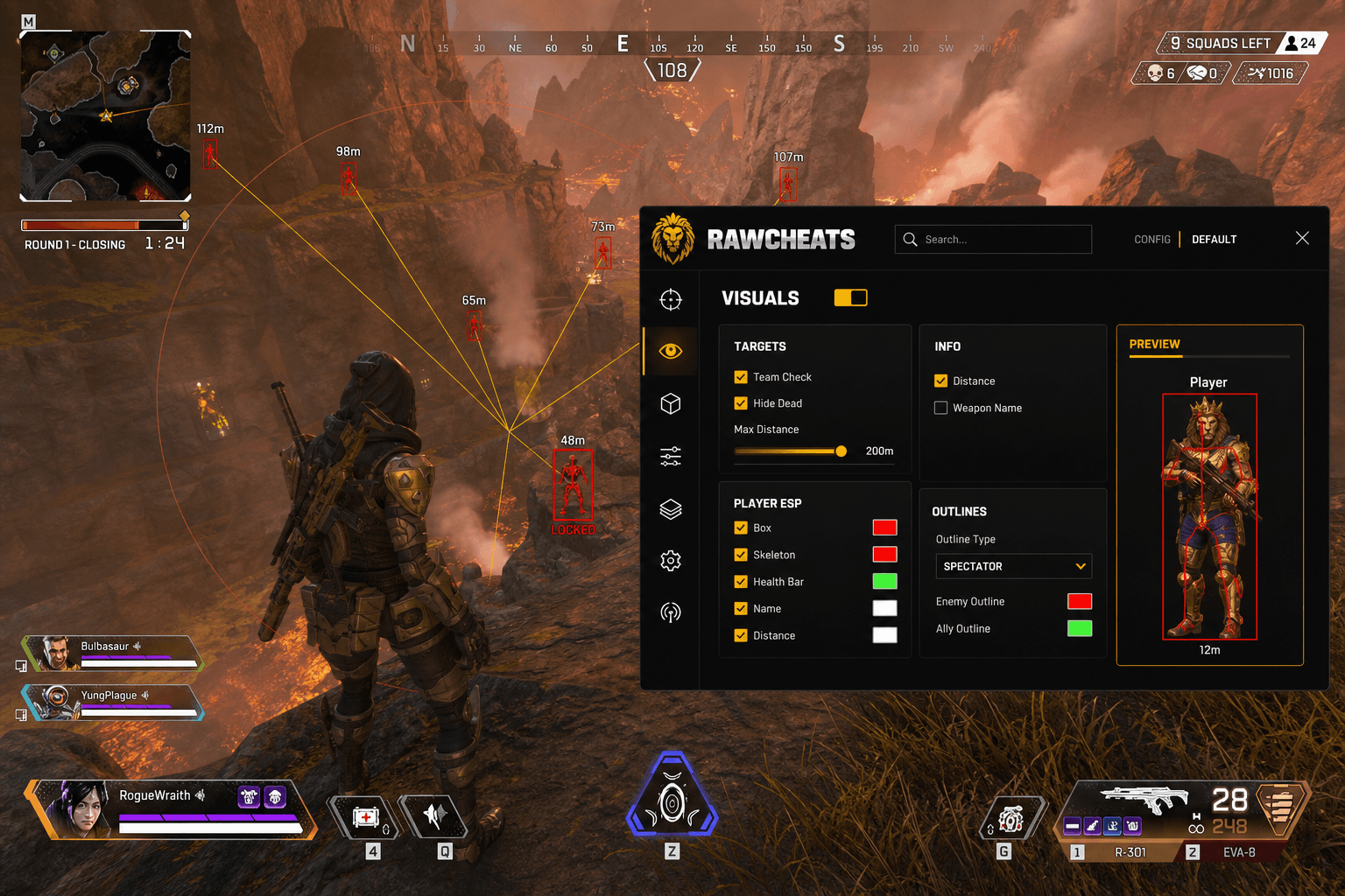 Cheap Apex Legends Aimbot (2026) — in-game screenshot showing RawCheats overlay