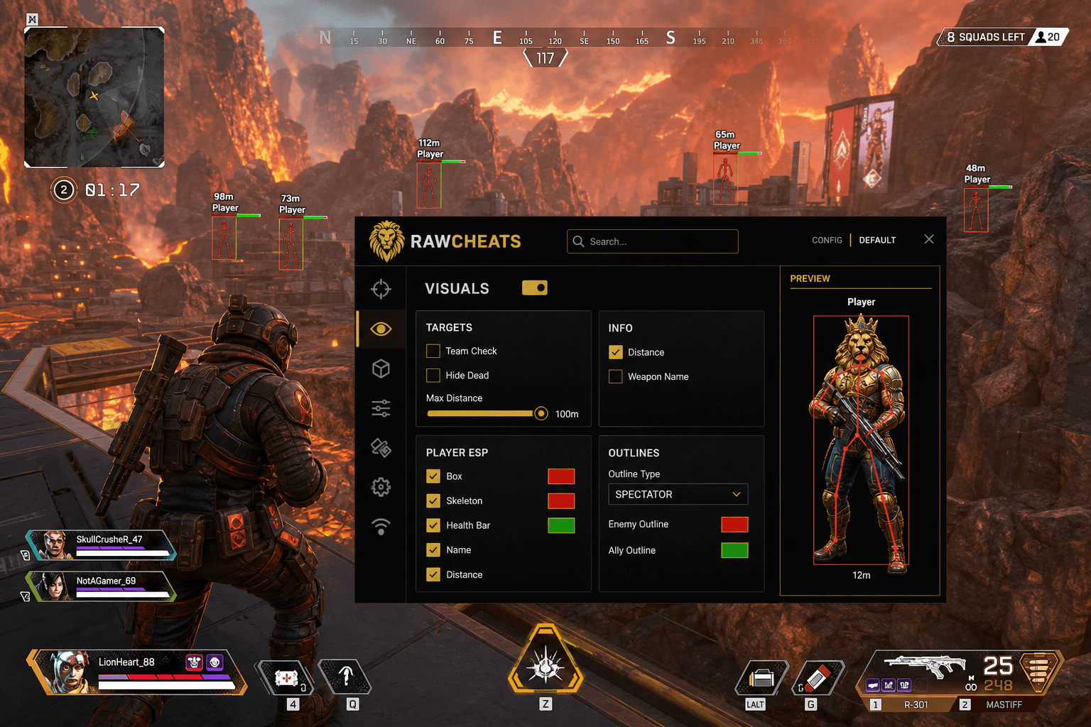 Cheap Apex Legends ESP (2026) — in-game screenshot showing RawCheats overlay