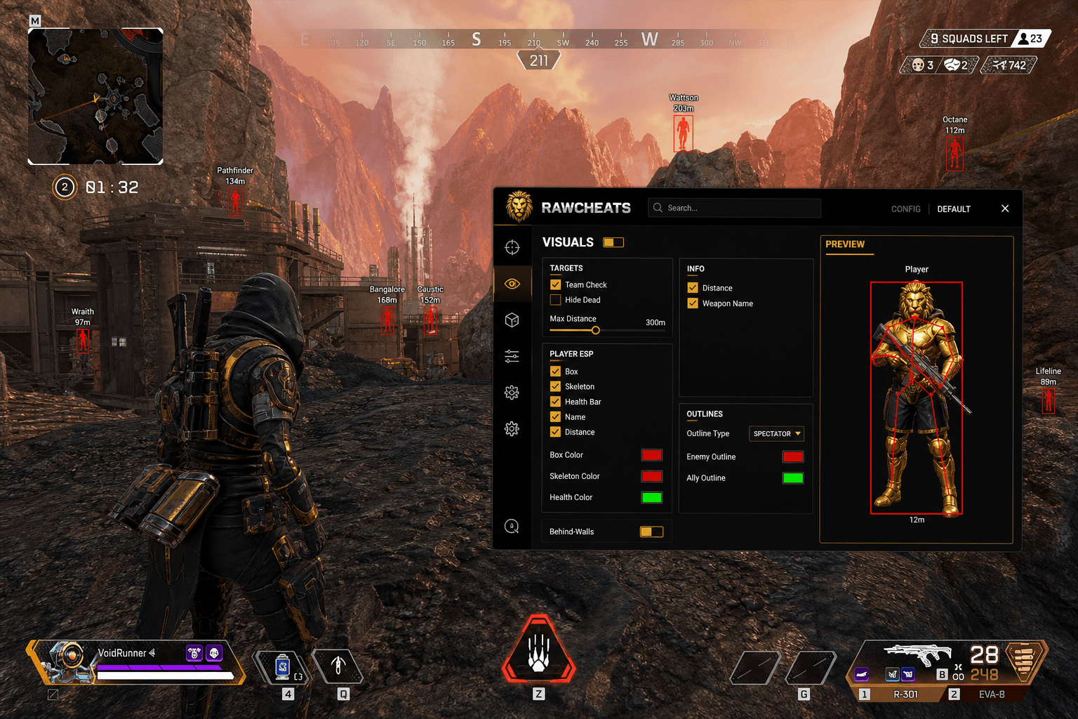 Cheap Apex Legends Wallhack (2026) — in-game screenshot showing RawCheats overlay