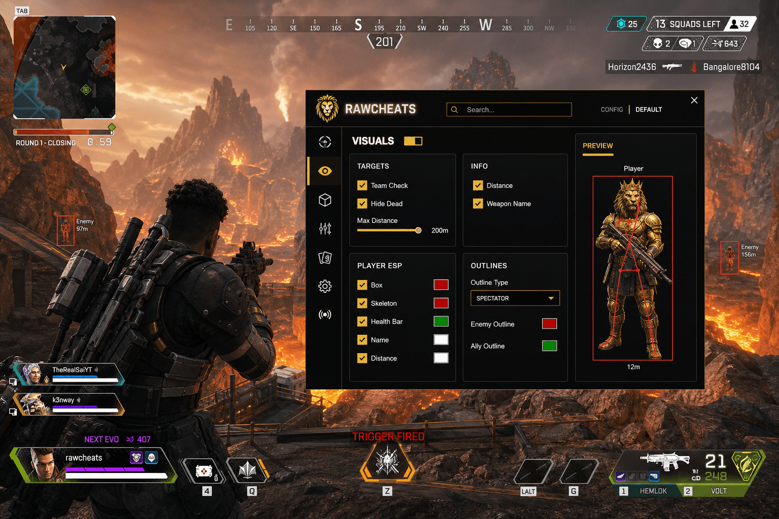 Cheap Apex Legends Triggerbot (2026) — in-game screenshot showing RawCheats overlay