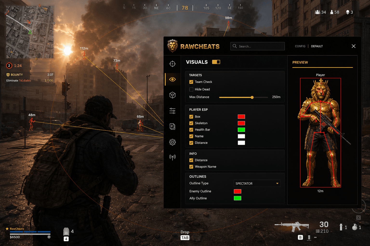 Cheap Call of Duty: Warzone Aimbot (2026) — in-game screenshot showing RawCheats overlay