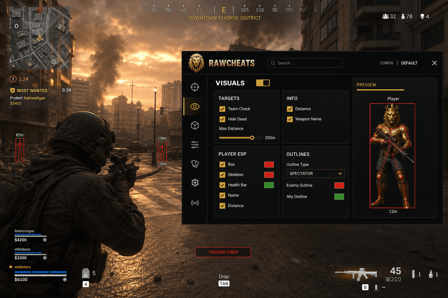 Cheap Call of Duty: Warzone Triggerbot (2026) — in-game screenshot showing RawCheats overlay