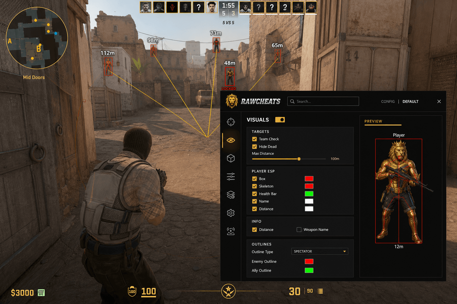 Cheap Counter-Strike 2 Aimbot (2026) — in-game screenshot showing RawCheats overlay