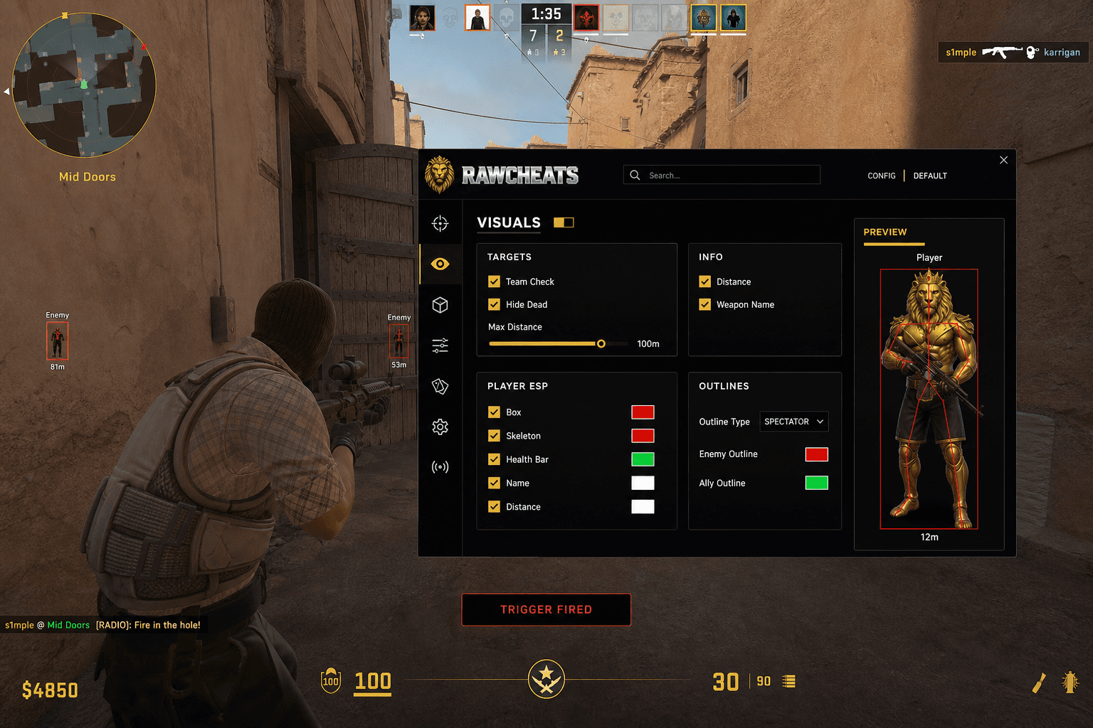 Cheap Counter-Strike 2 Triggerbot (2026) — in-game screenshot showing RawCheats overlay