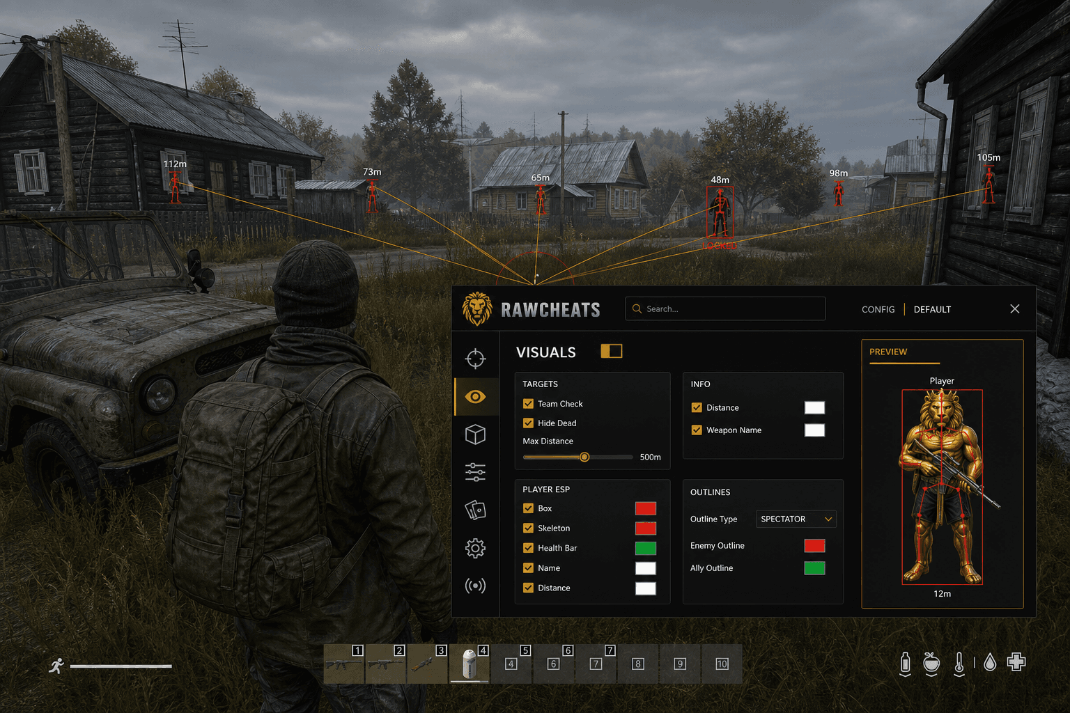 Cheap DayZ Aimbot (2026) — in-game screenshot showing RawCheats overlay